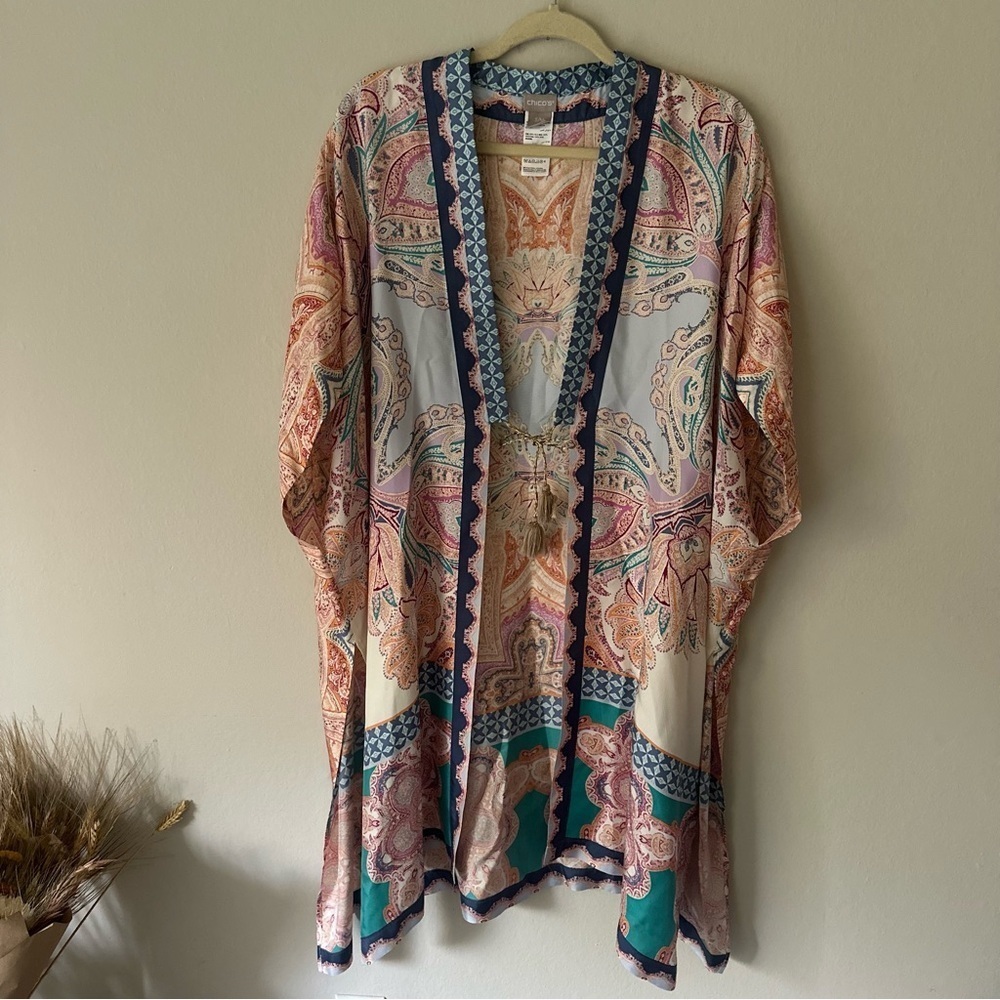 Chico's Medallion-Print Boho 100% Silk Ruana Wrap Beach Cover Up Tassel Tie S/M - Picture 10 of 14